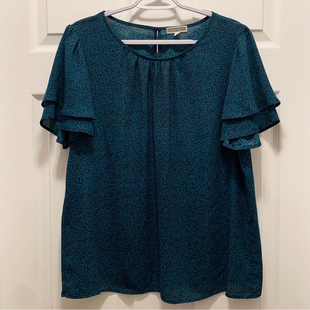 Teal Blue and Black Flutter Sleeve Top - Size XL